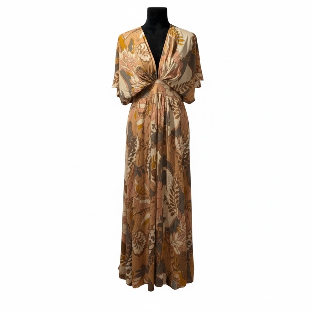 VICI kimono style V-neck‎ natural neutral floral print maxi dress Sz S